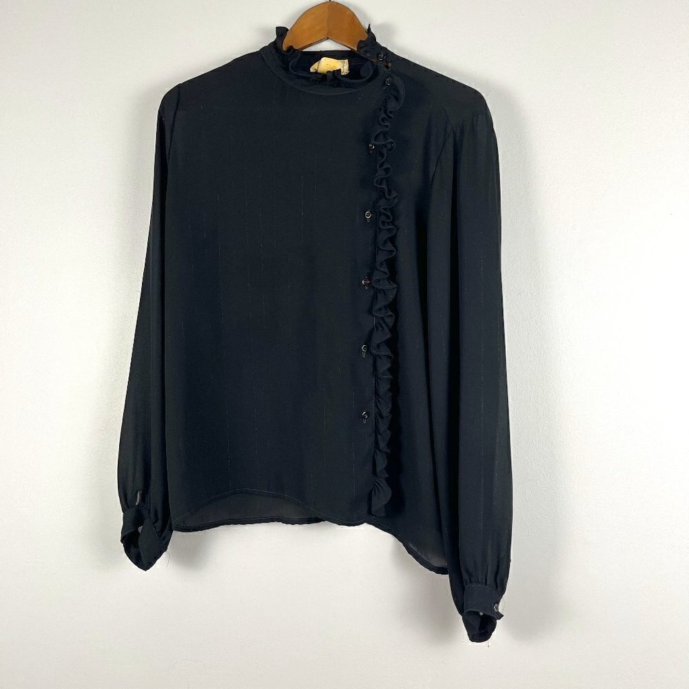 Vintage Elite 70’s blouse long sleeves button shirt shear ruffle black size 16